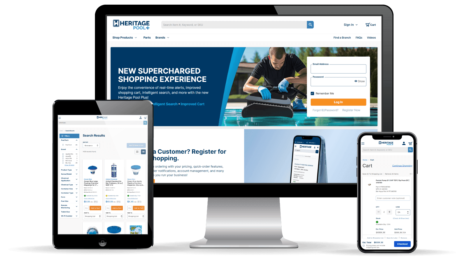 Heritage Pool+ App screenshot on multiple devices.